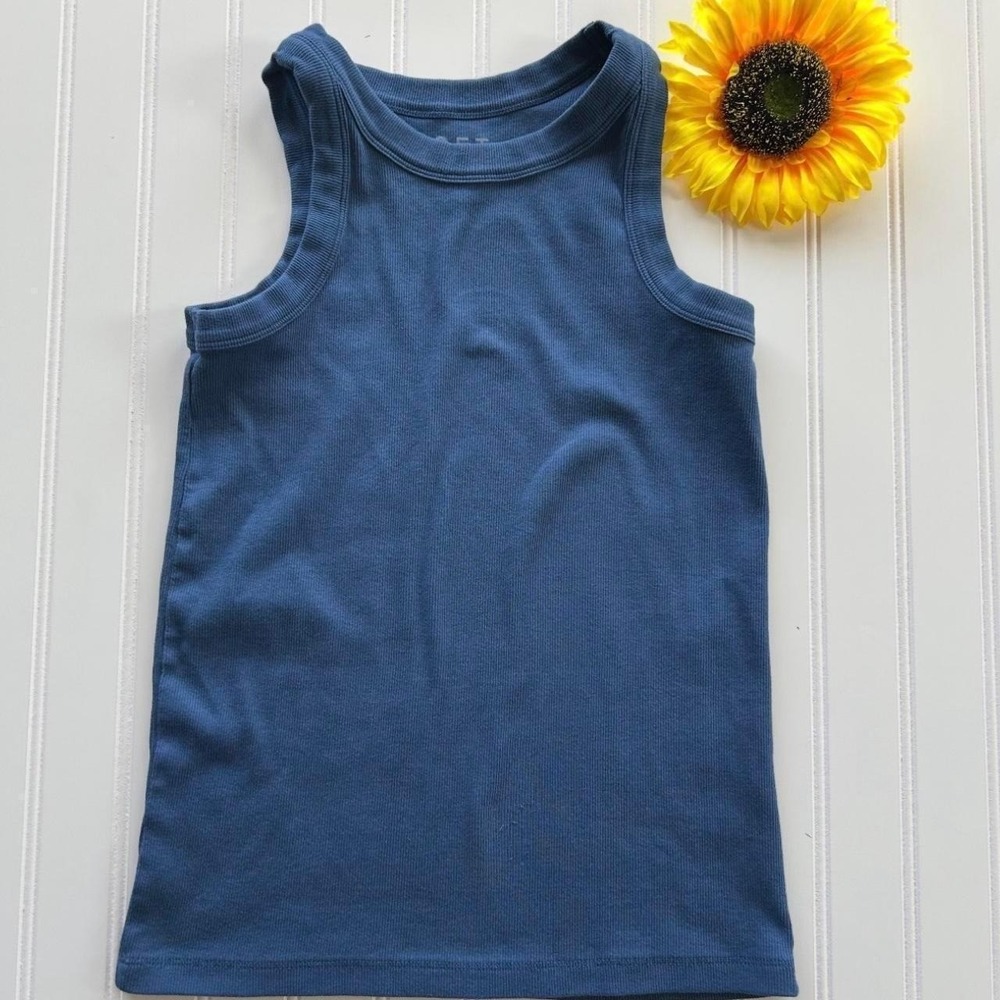 LOFT Ribbed Tank Top M Women Blue Excellent Crew Neck Sleeveless Stretch Cotton